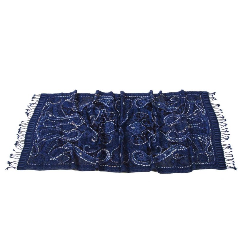 Schal aus Merinowolle handgestickt Khandro dunkelblau