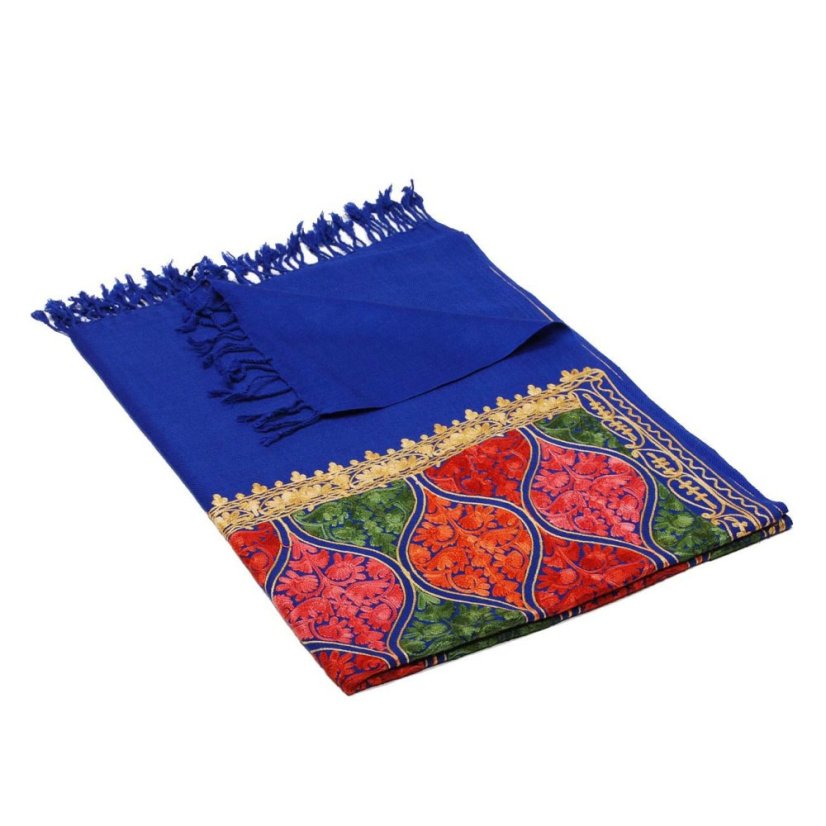 Kašmírsky vlnený šál Jate M modrý s výšivkou so zlatou a červenou farbou