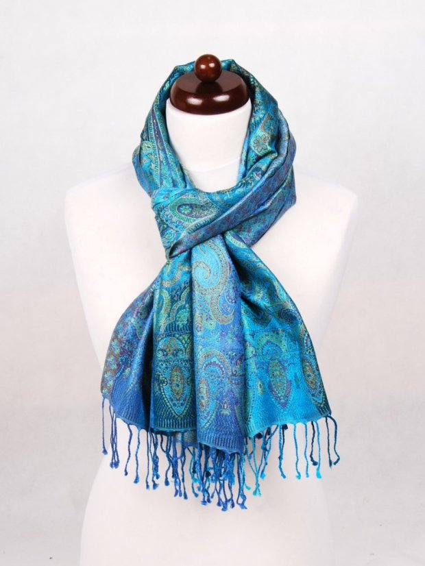 Hodvábny šál Super veľký Ornament modro-fialovo-tyrkysový