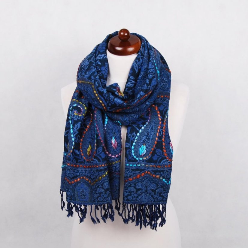 Schal aus Merinowolle handgestickt dunkelblau mit Blau