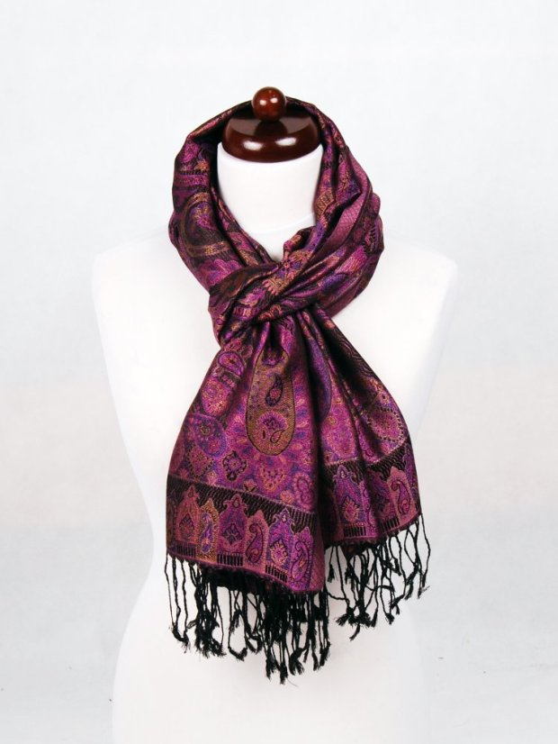 Hodvábny šál Super veľký čierno-fialový s hnedou