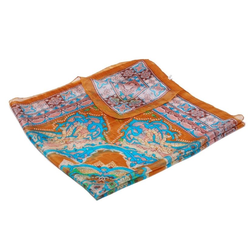 Seidentuch mit Aufdruck mit dunkler Goldfarbe und Türkis