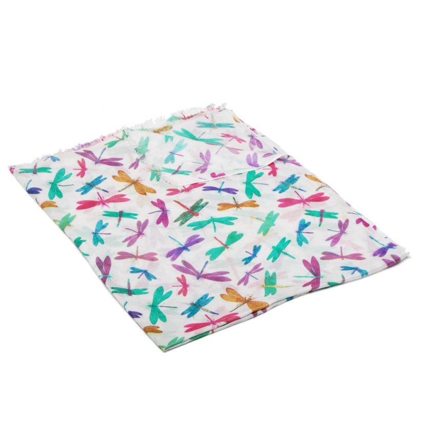 Šála z viskózy tenká bílá se zelenou a fialovou