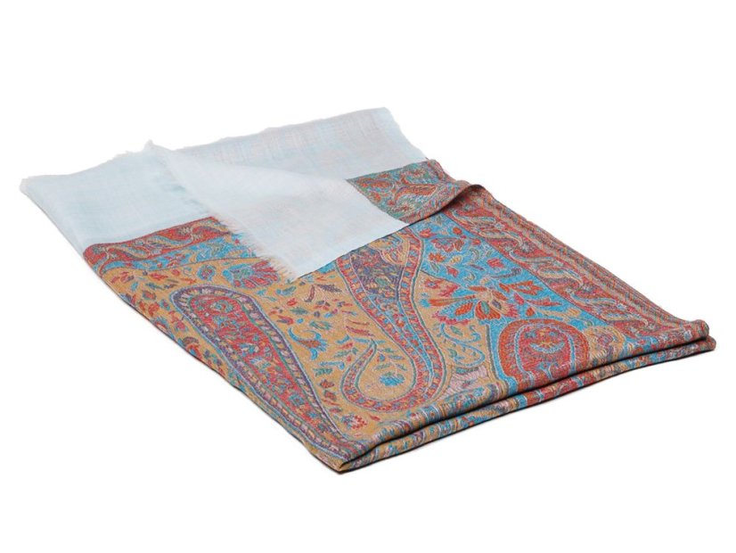 Kašmírska vlnená pašmína Khani Jamavar exclusive so svetlomodrou a tyrkysovou farbou