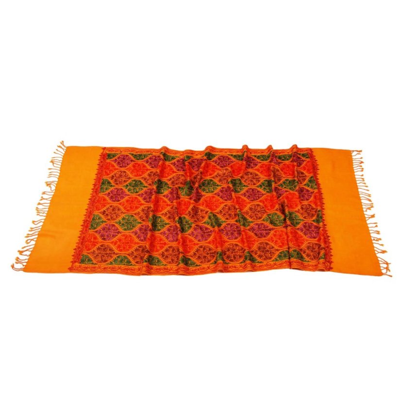 Kaschmirischer Wollschal Jate M dunkelgelb mit Stickerei mit Orange