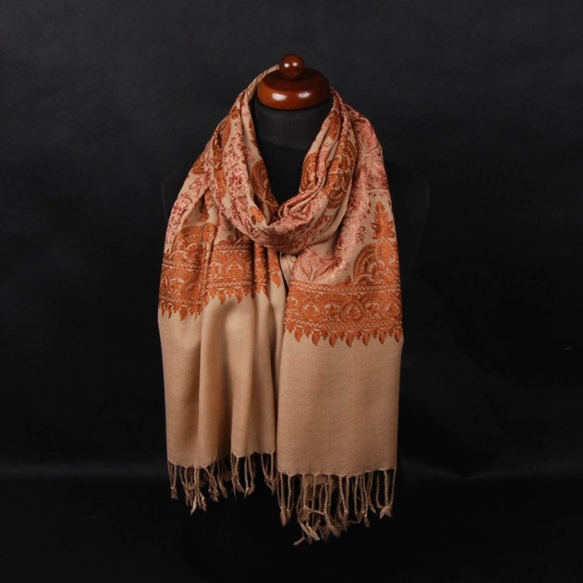 Kaschmirischer Wollschal hellbraun mit Seide-Stickerei in Braun