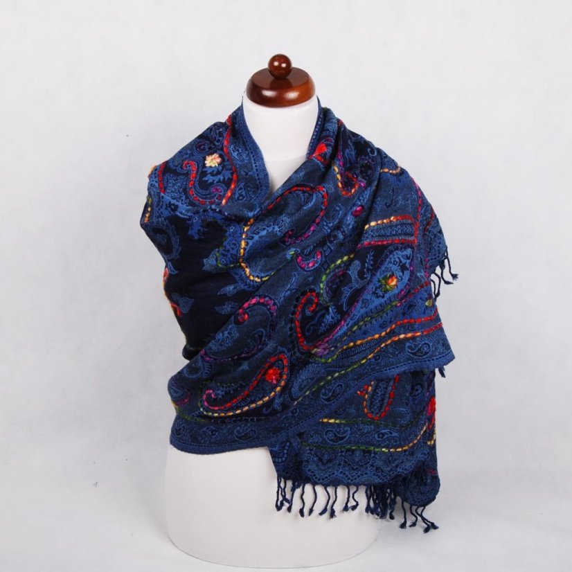 Schal aus Merinowolle handgestickt dunkelblau