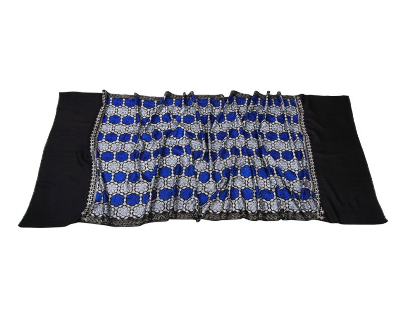 Kaschmirischer Wollschal schwarz mit Seide-Stickerei mit Dunkelblau
