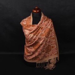 Kašmírsky vlnený šál vyšívaný hodvábom svetlohnedý s hnedou farbou