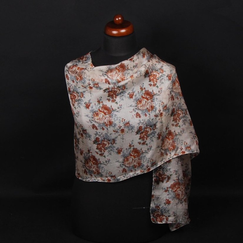 Hodvábny šál s potlačou smotanovo-hnedý