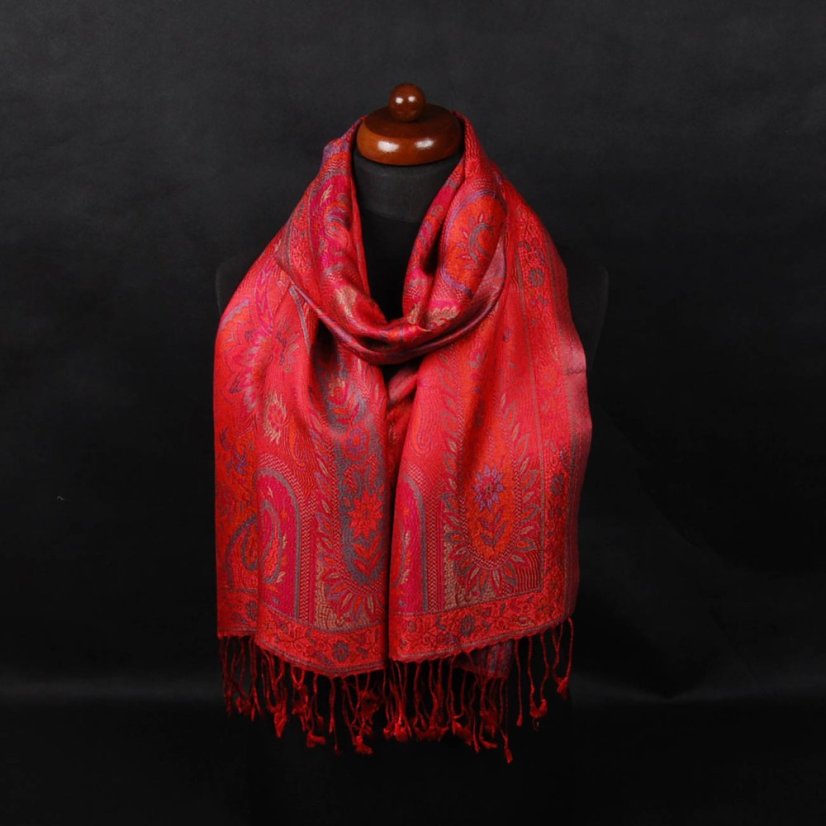 Hedvábná šála Super střední Norbu červená s magentou a tmavě zelenou