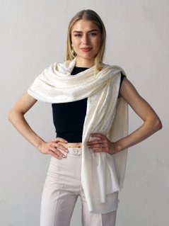 Kašmírská vlněná šála vyšívaná hedvábím smetanová