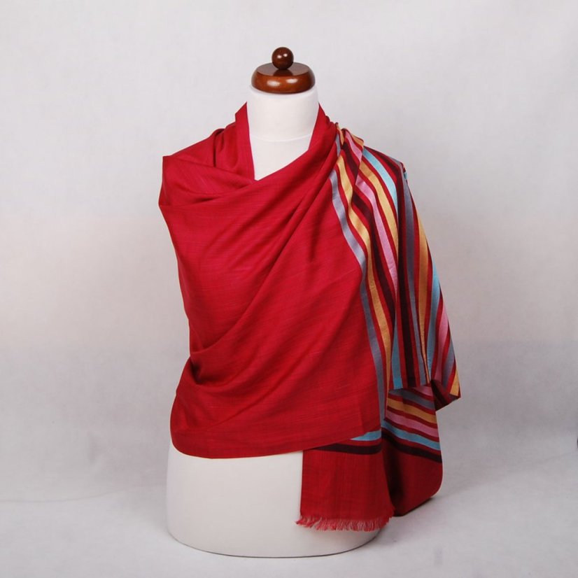 Šál z viskózy a hodvábu s pruhmi červený so svetlotyrkysovou a zlatou farbou