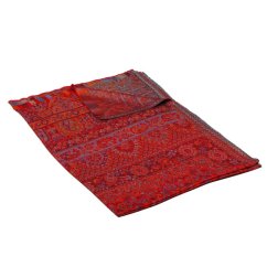 Šál z viskózy a hodvábu Khani Jamavar červený s tyrkysovou a žltou farbou