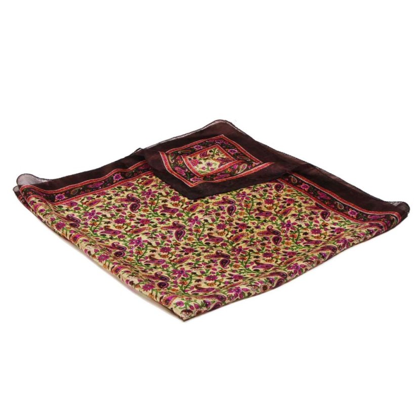 Hedvábný šátek s potiskem tmavě hnědo-světle žlutý s magentou