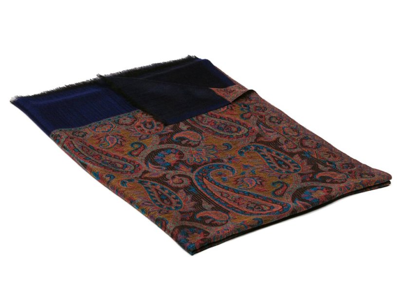 Kaschmirische Pashmina Khani Jamawar exklusiv mit Dunkelblau, Magenta und Gelb