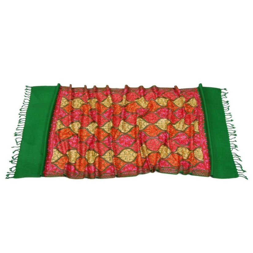 Kaschmirischer Wollschal Jate M grün mit Stickerei hauptsächlich in Rosa und Rot