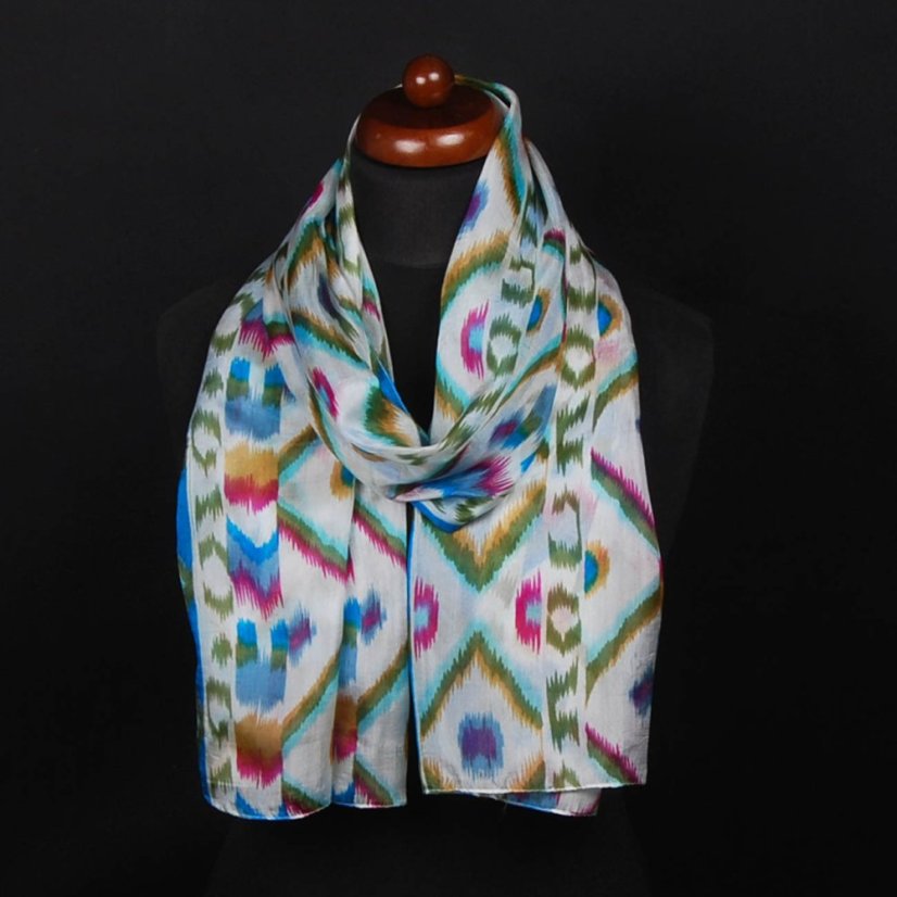 Hedvábná šála s potiskem bílá s tyrkysovou a zelenou