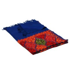 Kašmírsky vlnený šál Jate M tmavomodrý s výšivkou s oranžovou a červenou