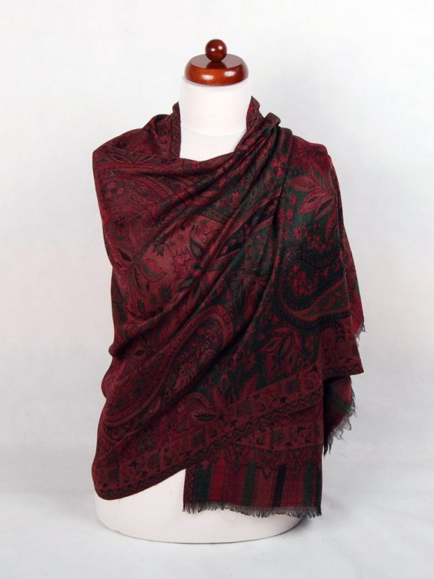 Kašmírská vlněná pašmína Khani Jamavar exclusive černo-červená s  tmavě zelenou