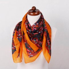 Hedvábný šátek s potiskem tmavě hnědý s oranžovou