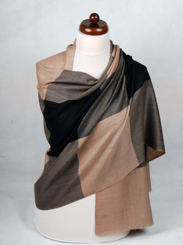 Kašmírská vlněná pašmína exclusive světle hnědo-černá