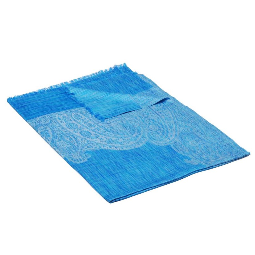 Schal aus Viskose und Seide mit Ornamenten Drolma hellblau mit Weiß