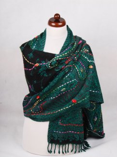 Šála z merino vlny s vyšíváním tmavě zeleno-černá