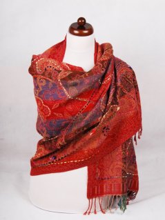Šál z merino vlny s vyšívaním mnohofarebný s červenou farbou