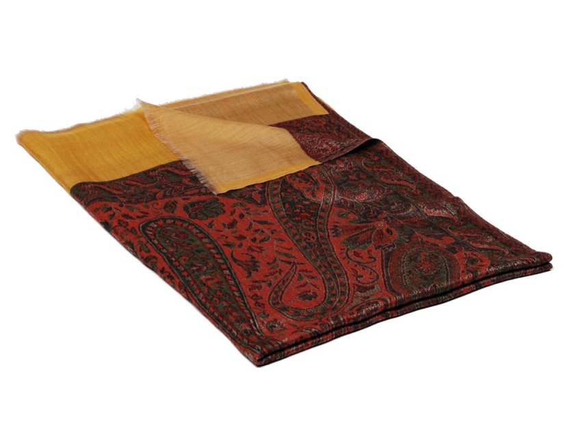 Kašmírska vlnená pašmína Khani Jamavar exclusive červeno-šedohnedá so žltou