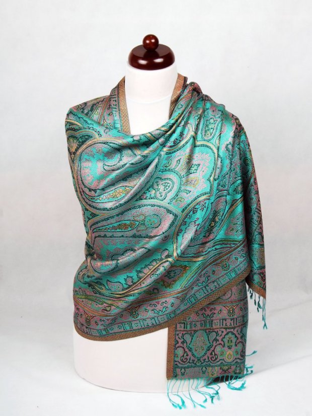 Seidenschal Super groß türkisgrün mit Rosa und Schwarz