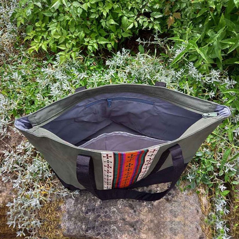 Tibetská kabelka Shopper Thogme Druk šedozelená