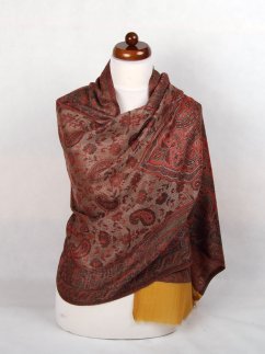 Kašmírska vlnená pašmína Khani Jamavar exclusive červeno-šedohnedá so žltou