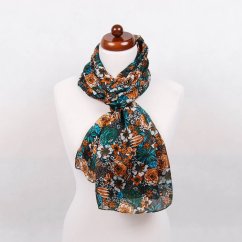 Hedvábná šála s potiskem velká černá s oranžovou a tmavě zelenou