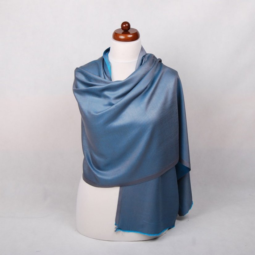 Šál z viskózy a hodvábu obojstranný šedo-tyrkysový