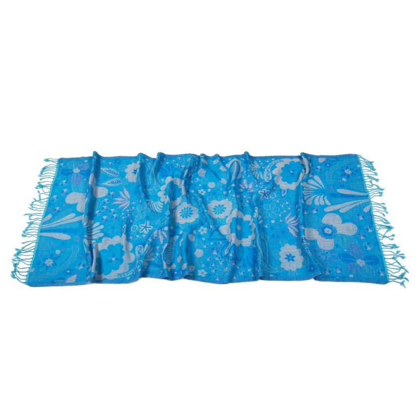 Šál z merino vlny tyrkysovo-smotanový s tmavomodrou farbou