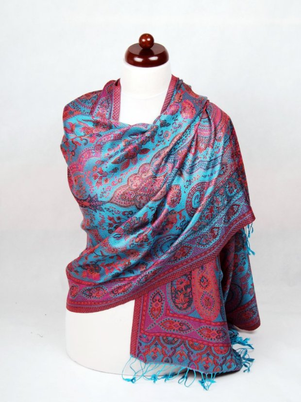 Hedvábná šála Super velká tyrkysová s magentou