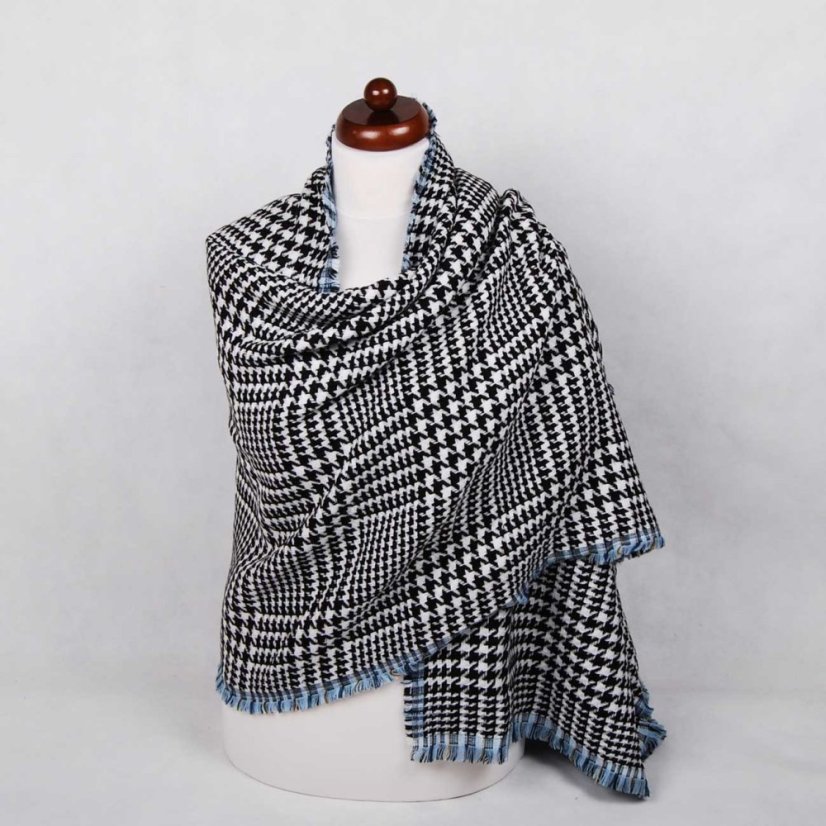 Šál z viskózy a akrylu obojstranný čierno-biely so svetlomodrou farbou