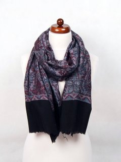 Kašmírská vlněná pašmína Khani Jamavar exclusive s šedou, tmavě červenou a černou