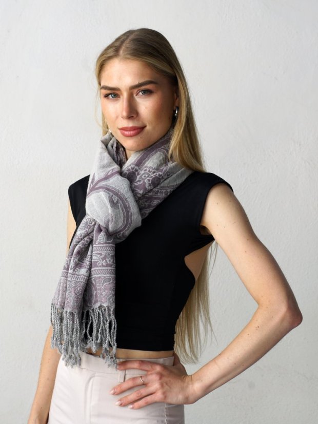 Šála z merino vlny šedofialovo-smetanová