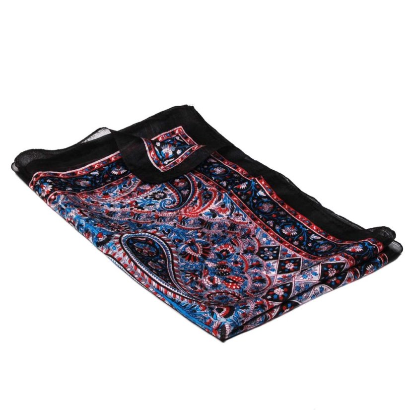 Hedvábná šála s potiskem šedo-tyrkysovo-tmavě červená