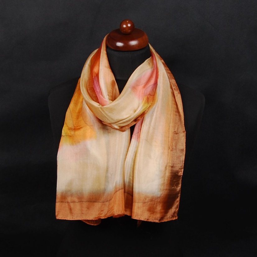 Hedvábná malovaná šála zlato-hnědá