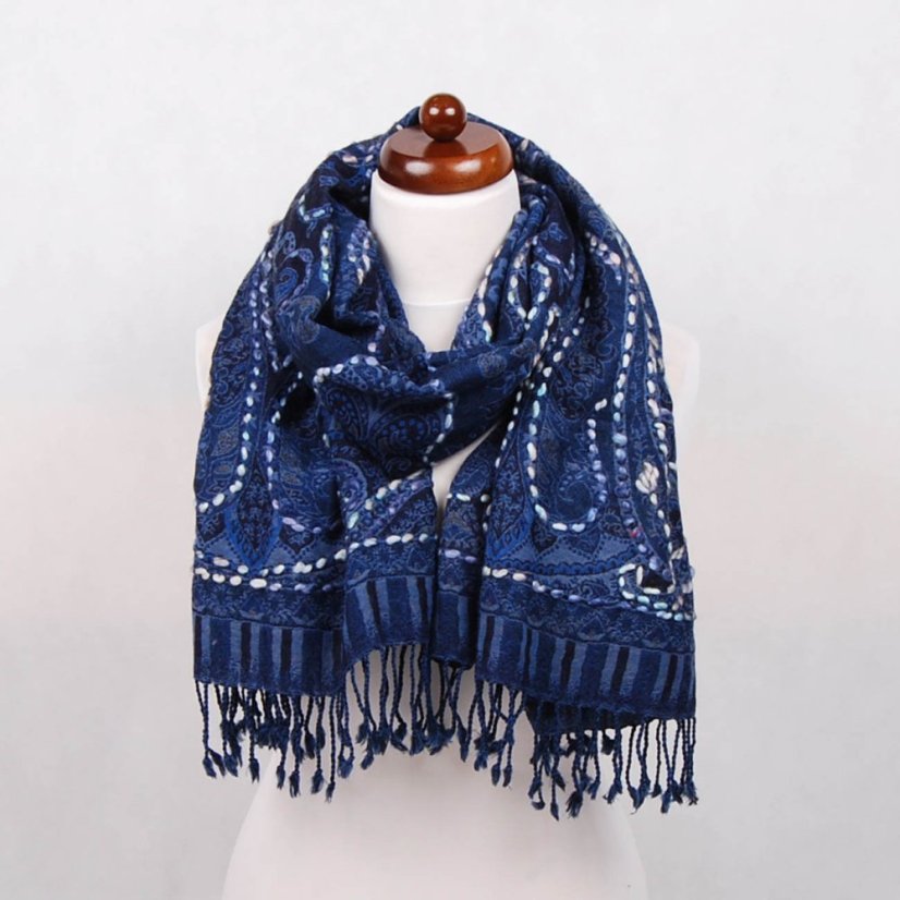 Schal aus Merinowolle handgestickt Khandro dunkelblau