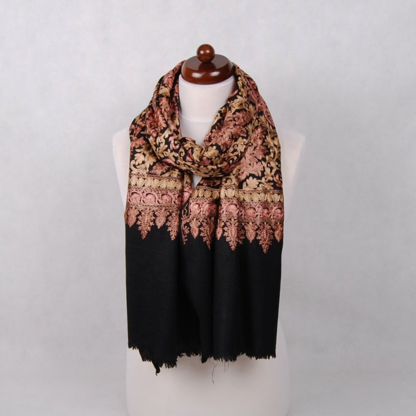 Kaschmirischer Wollschal Tashi schwarz mit Seide-Stickerei in Braun