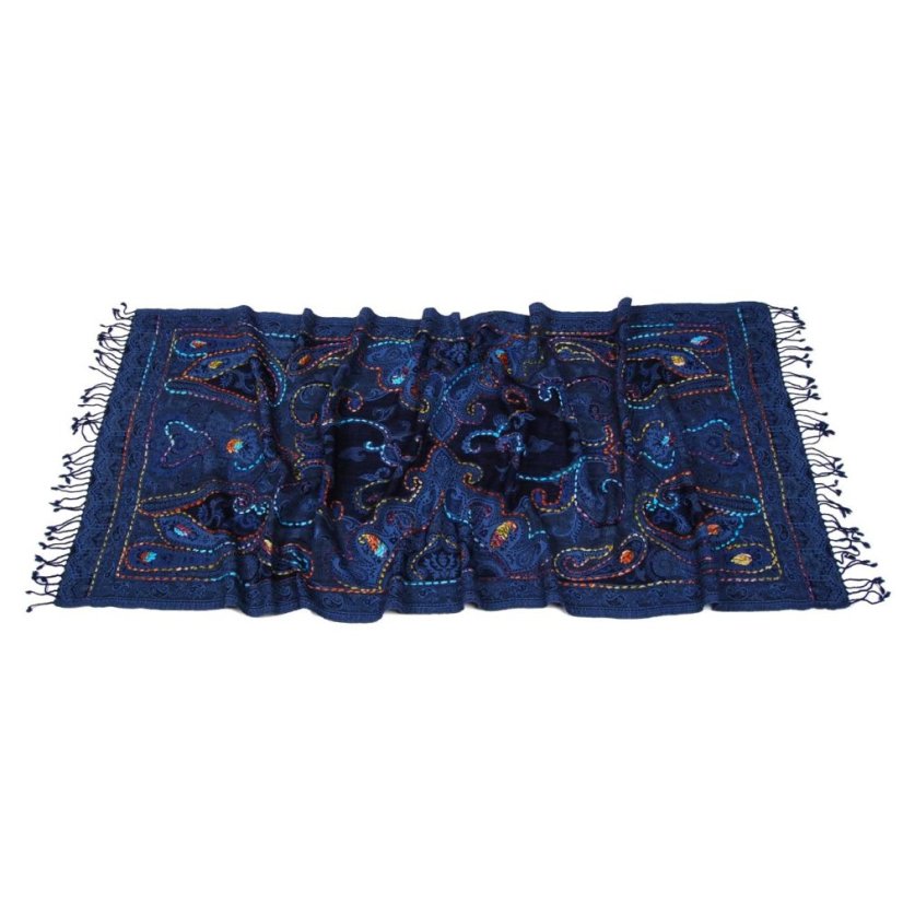 Schal aus Merinowolle handgestickt Tsewang dunkelblau