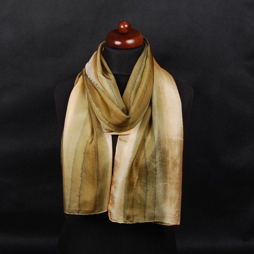 Handgemalter Seidenschal goldfarben mit Khaki
