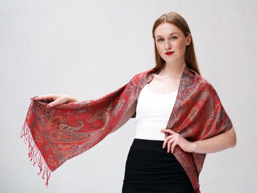 Hedvábná šála Super Tenzin červená s tyrkysovou