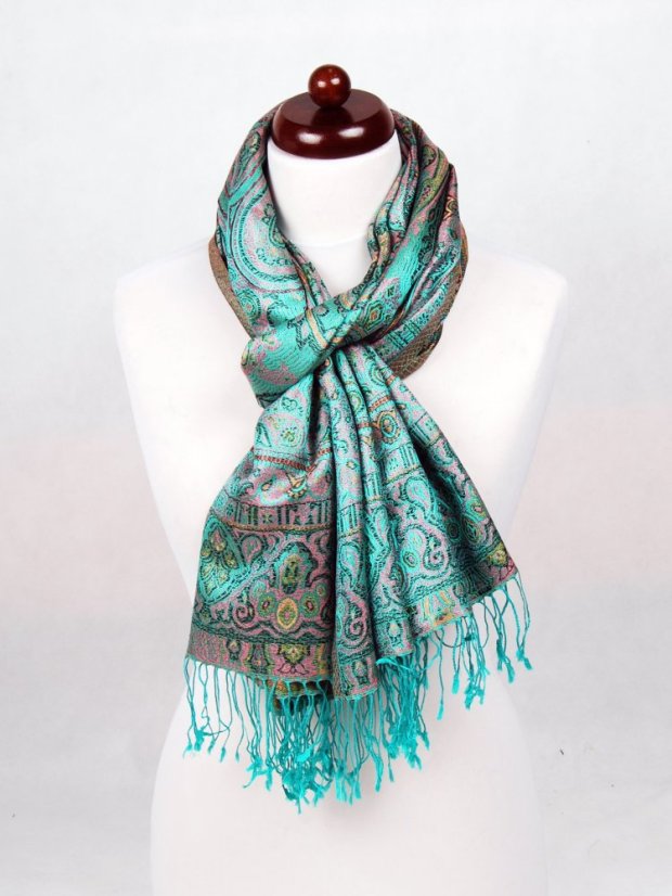 Seidenschal Super groß türkisgrün mit Rosa und Schwarz