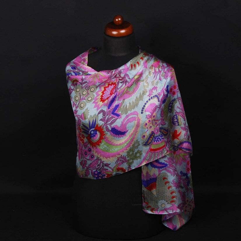 Hodvábny šál s potlačou šedomodrý s ružovou farbou