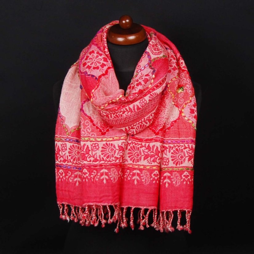 Šál z merino vlny s vyšívaním tmavoružový so smotanovou farbou